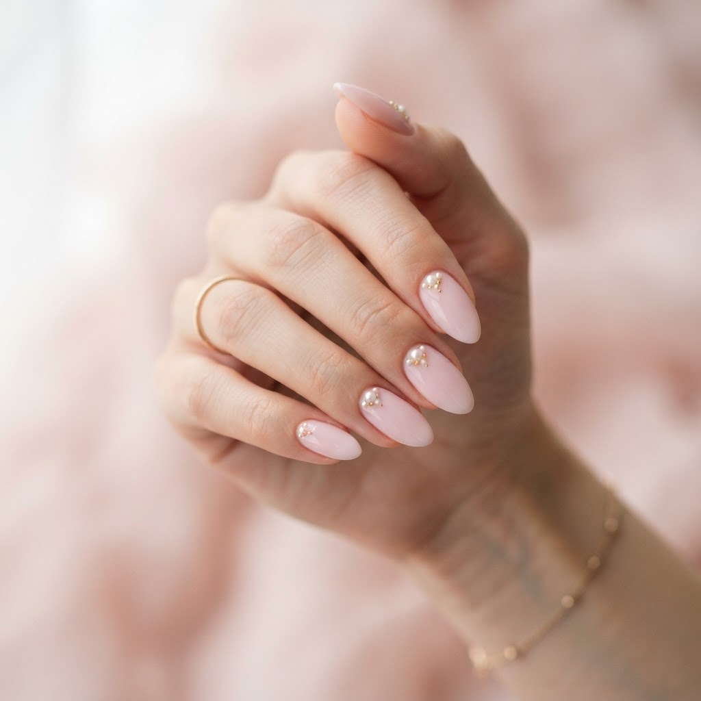 Unhas rosa com detalhes em pérola