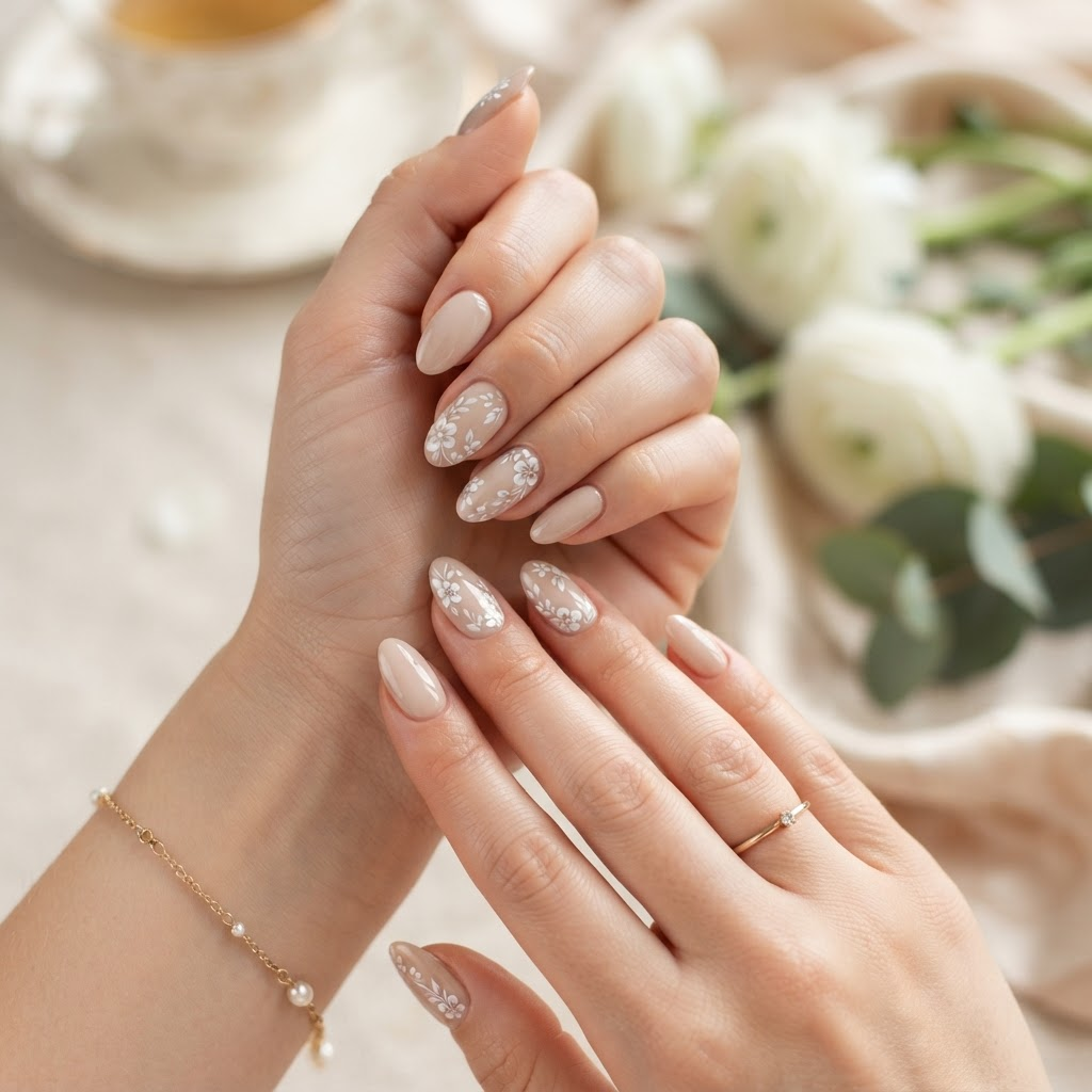 Unhas nude com arte floral branca