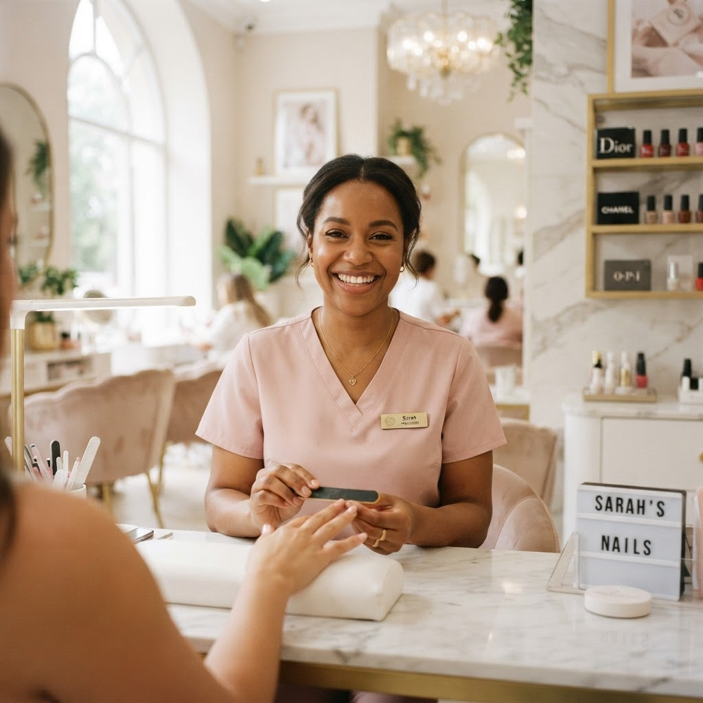 Manicure e nail designer sorrindo em seu ateliê